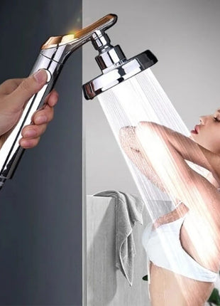 Increases water pressure by infusing air into the shower stream.

