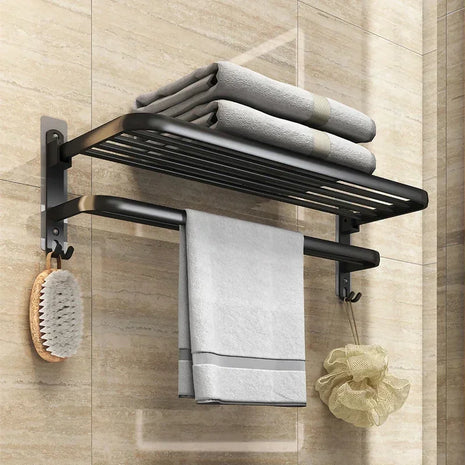 Maximize your bathroom storage with this sleek black towel rack that offers space for multiple towels.