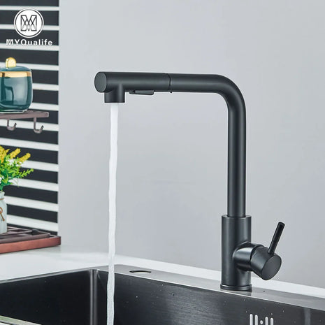 A sleek black kitchen faucet with a pull-out sprayer, perfect for contemporary kitchens.

