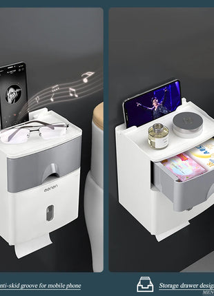 Top compartment for toilet paper, bottom drawer for additional toiletries.