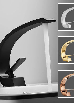 A luxurious rose gold and white faucet perfect for modern bathrooms.

