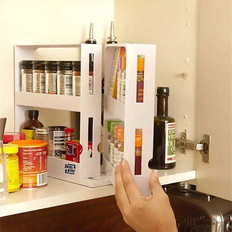 Keep your spices organized and accessible with this stylish rotating rack.
