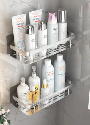Modern aluminum bathroom shelf with easy peel-and-stick installation, providing a sleek and functional addition to your space.