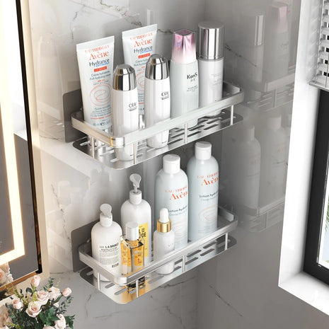 Modern aluminum bathroom shelf with easy peel-and-stick installation, providing a sleek and functional addition to your space.