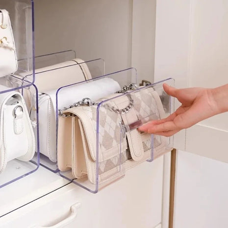 Keep your accessories organized with this luxurious storage rack, featuring clear shelves and dedicated hooks for easy access and display.