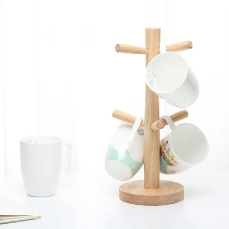 Showcases a stylish wooden mug holder that complements any kitchen decor.

