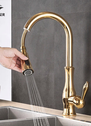Add a touch of luxury to your kitchen with this gold polished faucet featuring a flexible pull-down spout.

