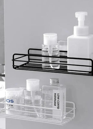 Built-in compartments for easy storage of shampoo and toiletries.