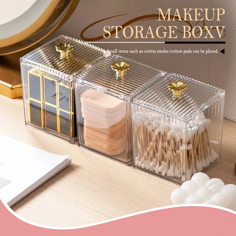 A multifunctional storage solution for cotton pads, swabs, and cosmetics, perfect for any vanity or bathroom.

