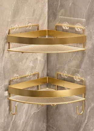 This gold rack mounts easily to your wall, saving space while keeping your bathroom organized.