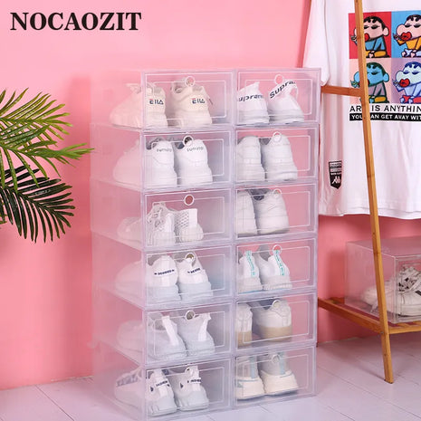 Organize your shoes neatly with these stackable, transparent shoe boxes.

