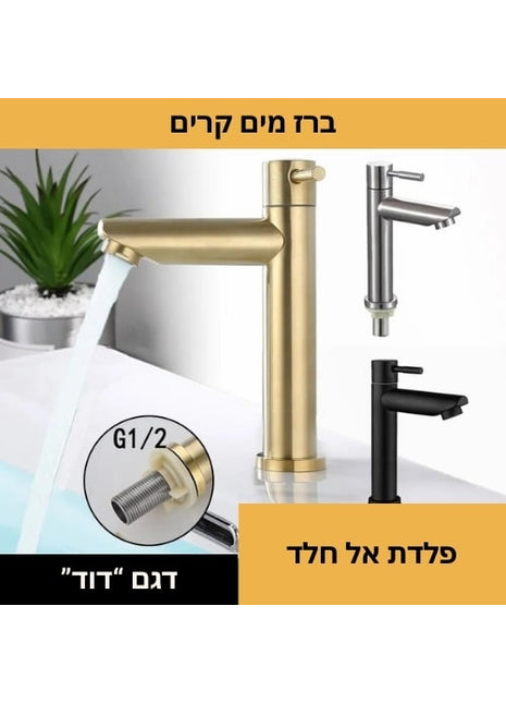 ברז נירוסטה בעיצוב מודרני דגם "דוד" – פלדת אל חלד עם ליבת קרמיקה, קל להתקנה
