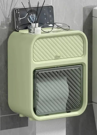 This smart toilet paper holder includes a built-in drawer for additional storage, ideal for small bathrooms.