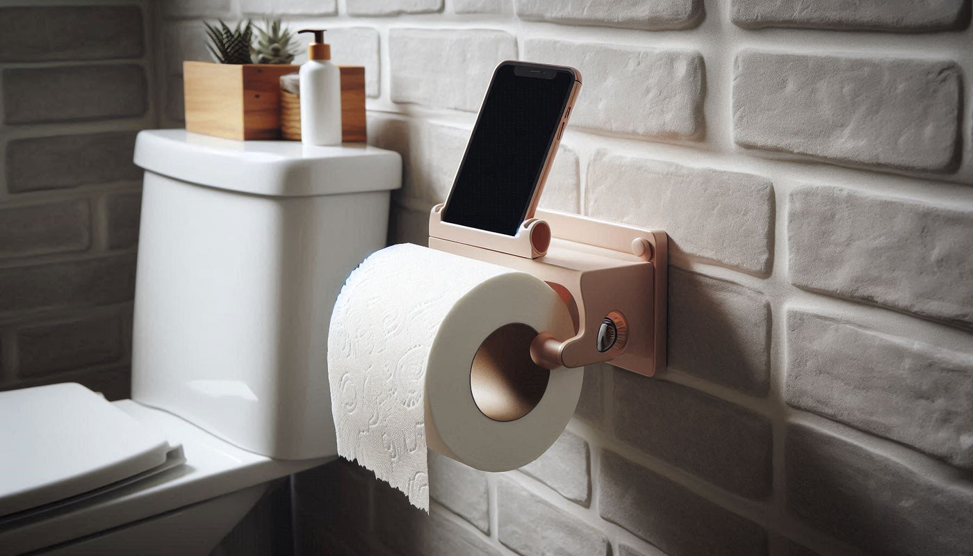 Toilet paper holders with smartphone holder - practical and stylish holders combining toilet paper storage with a convenient spot for your smartphone.