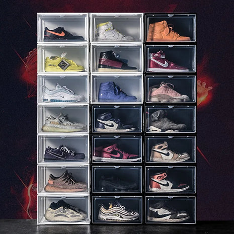 Perfect for keeping your shoes organized and protected, these stackable transparent shoe boxes provide easy access and visibility for all your favorite pairs.

