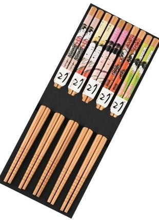 A colorful set of 5 pairs of bamboo chopsticks that brighten up your dining table.