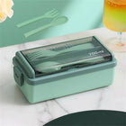 : Green bento box that is microwave and dishwasher safe, ideal for busy lifestyles